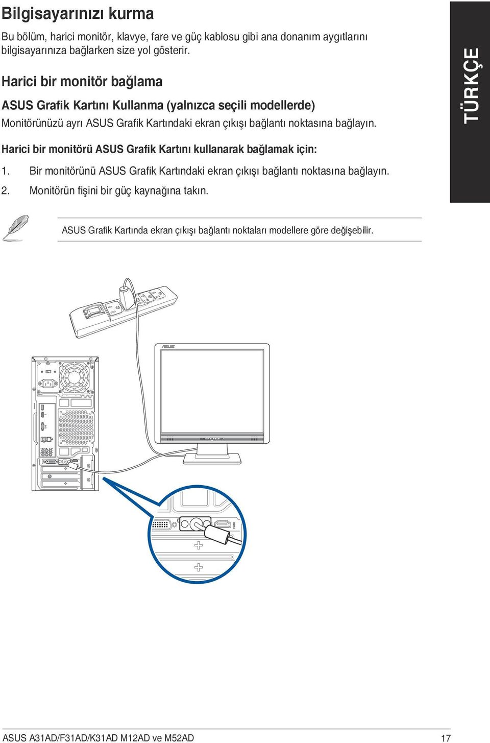 bağlayın. Harici bir monitörü ASUS Grafik Kartını kullanarak bağlamak için: 1. Bir monitörünü ASUS Grafik Kartındaki ekran çıkışı bağlantı noktasına bağlayın.