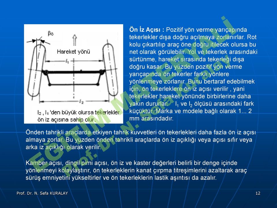 verilir, yani tekerlekler hareket yönünde birbirlerine daha yakın dururlar l 1 ve l 2 ölçüsü arasındaki fark küçüktür Marka ve modele bağlı olarak 1 2 mm arasındadır Önden tahrikli araçlarda etkiyen