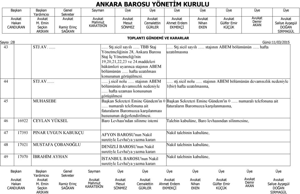 .. numaralı telefonuna ait faturaların Baromuzca karşılanması hususunun... Stj.sicil sayılı... stajının ABEM bölümünün... hafta uzatılmasına... stj.sicil nolu.