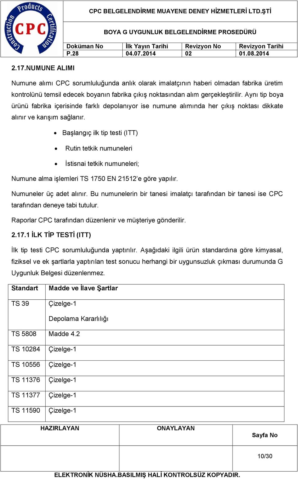 Başlangıç ilk tip testi (ITT) Rutin tetkik numuneleri İstisnai tetkik numuneleri; Numune alma işlemleri TS 1750 EN 21512 e göre yapılır. Numuneler üç adet alınır.