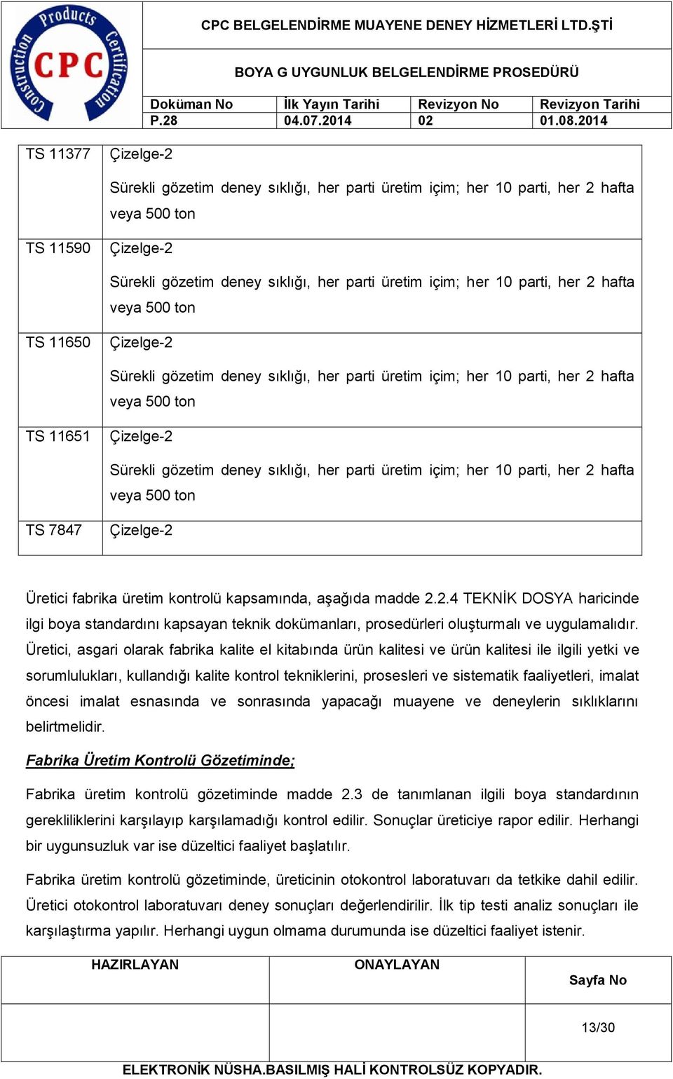 üretim içim; her 10 parti, her 2 hafta veya 500 ton TS 7847 Çizelge-2 Üretici fabrika üretim kontrolü kapsamında, aşağıda madde 2.2.4 TEKNİK DOSYA haricinde ilgi boya standardını kapsayan teknik dokümanları, prosedürleri oluşturmalı ve uygulamalıdır.