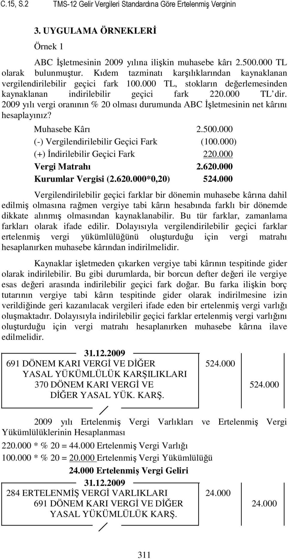 2009 yılı vergi oranının % 20 olması durumunda ABC Đşletmesinin net kârını hesaplayınız? Muhasebe Kârı 2.500.000 (-) Vergilendirilebilir Geçici Fark (100.000) (+) Đndirilebilir Geçici Fark 220.