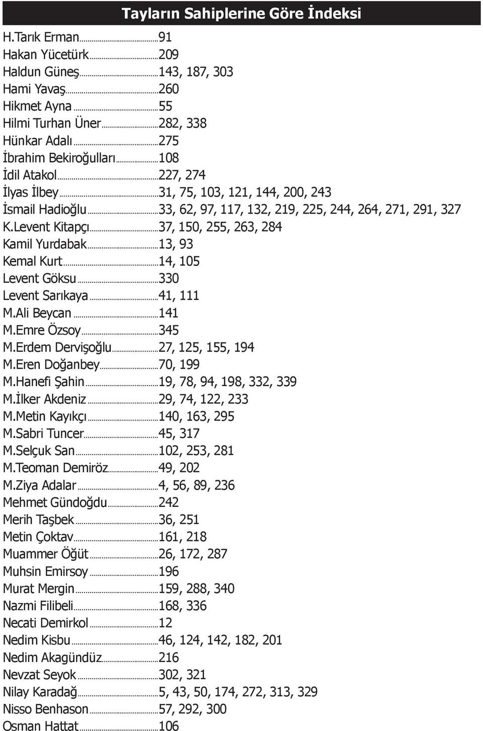 ..37, 150, 255, 263, 284 Kamil Yurdabak...13, 93 Kemal Kurt...14, 105 Levent Göksu...330 Levent Sarıkaya...41, 111 M.Ali Beycan...141 M.Emre Özsoy...345 M.Erdem Dervişoğlu...27, 125, 155, 194 M.