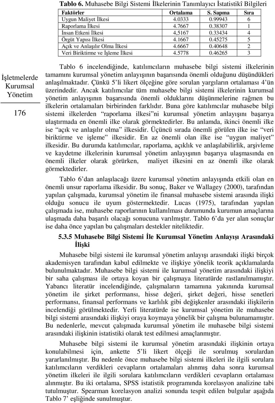 46265 3 İşletmelerde Kurumsal Yönetim 176 Tablo 6 incelendiğinde, katılımcıların muhasebe bilgi sistemi ilkelerinin tamamını kurumsal yönetim anlayışının başarısında önemli olduğunu düşündükleri