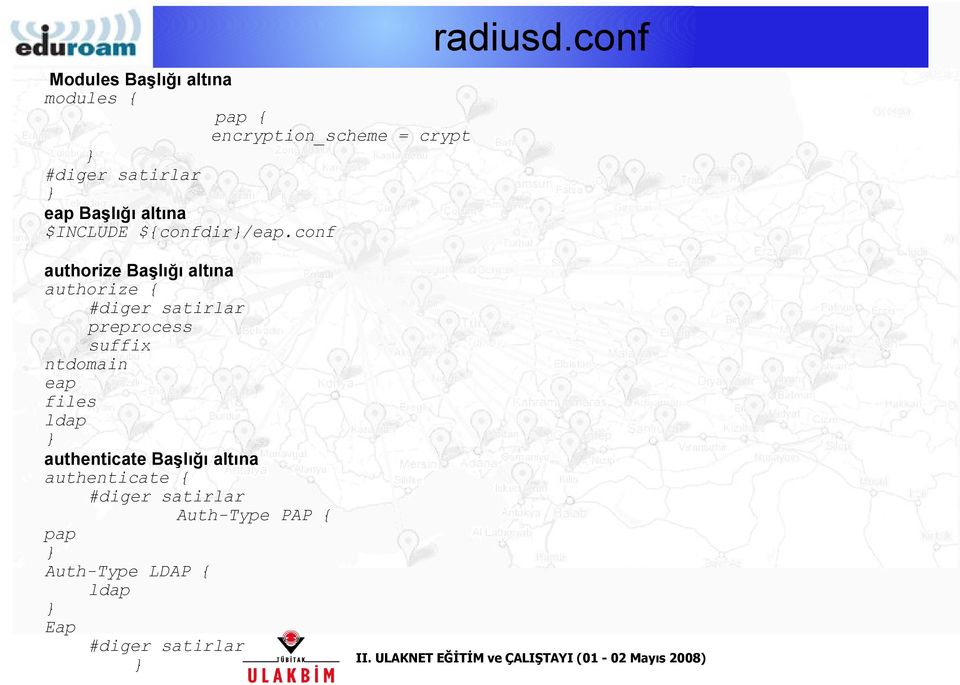 conf authorize Başlığı altına authorize { #diger satirlar preprocess suffix ntdomain eap