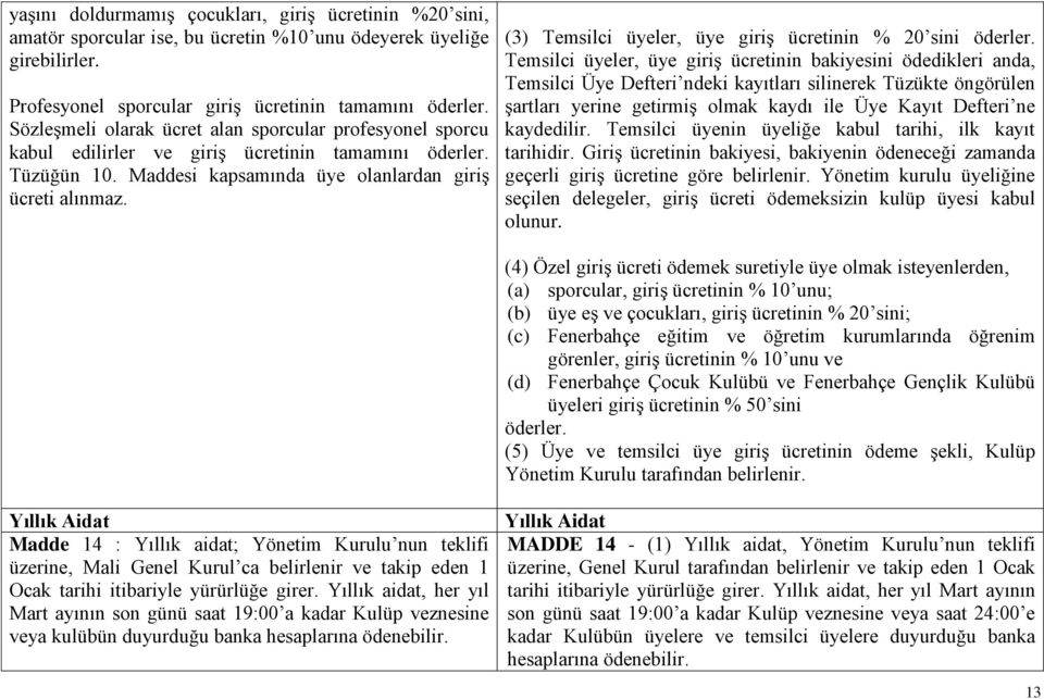 (3) Temsilci üyeler, üye giriş ücretinin % 20 sini öderler.