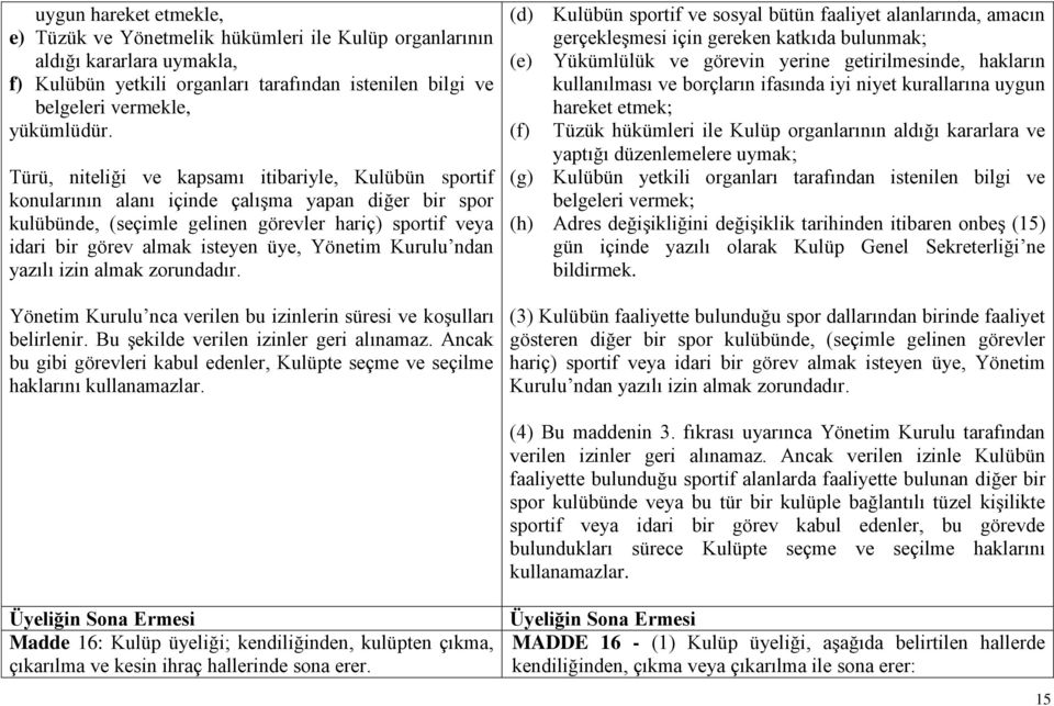 Yönetim Kurulu ndan yazılı izin almak zorundadır. Yönetim Kurulu nca verilen bu izinlerin süresi ve koşulları belirlenir. Bu şekilde verilen izinler geri alınamaz.