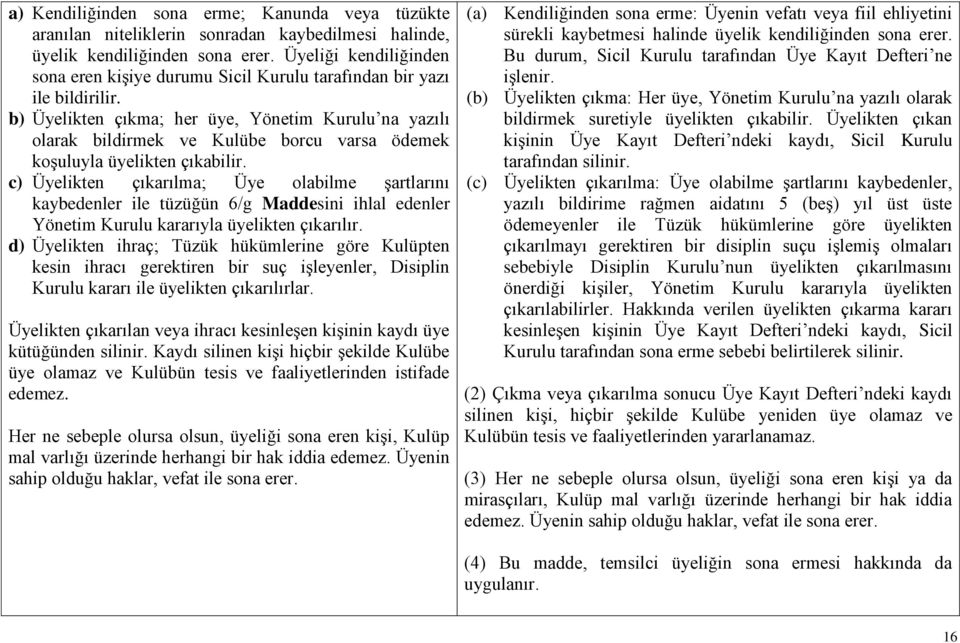 b) Üyelikten çıkma; her üye, Yönetim Kurulu na yazılı olarak bildirmek ve Kulübe borcu varsa ödemek koşuluyla üyelikten çıkabilir.