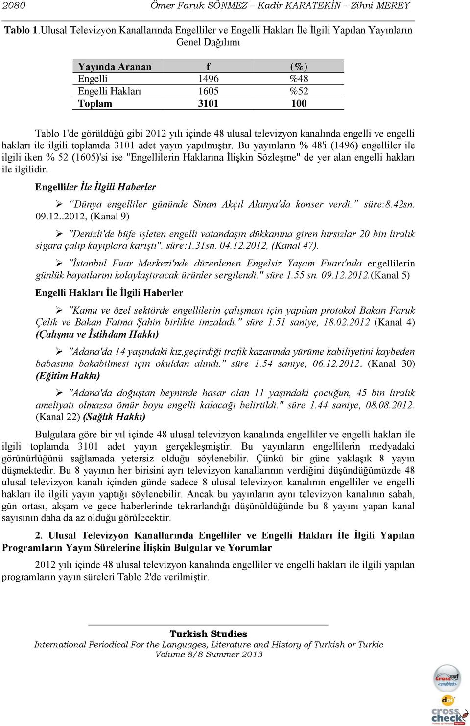 görüldüğü gibi 2012 yılı içinde 48 ulusal televizyon kanalında engelli ve engelli hakları ile ilgili toplamda 3101 adet yayın yapılmıştır.