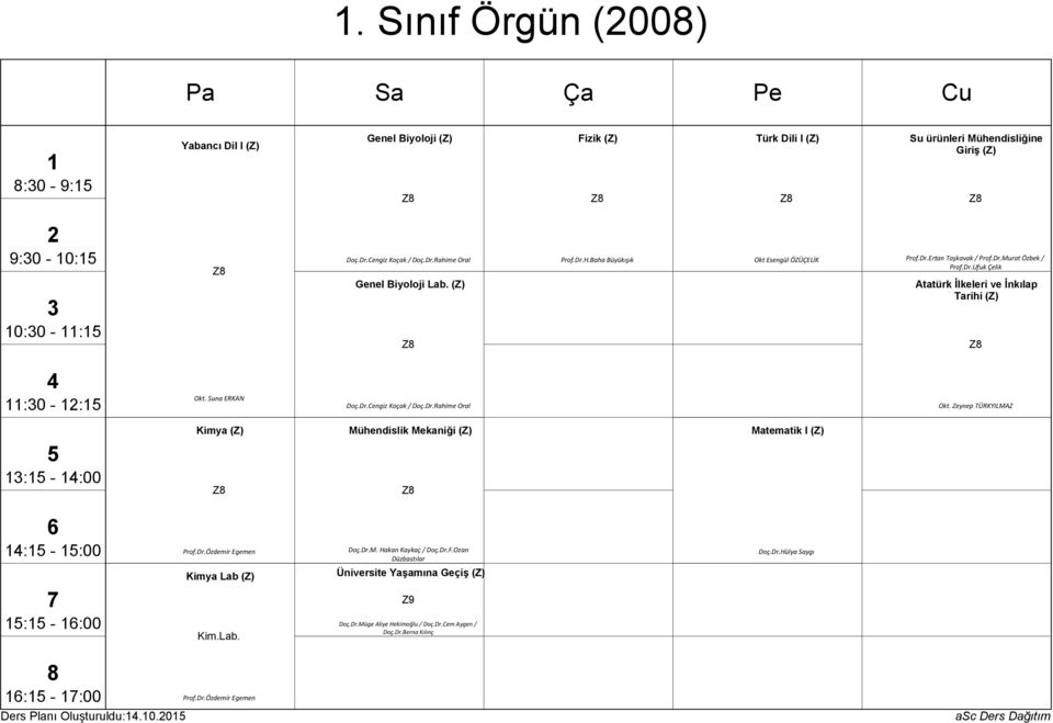 Dr.Rahime Oral Okt. Zeynep TÜRKYILMAZ Kimya Mühendislik Mekaniği Matematik I : - :00 : - :00 Kimya Lab Kim.Lab. Doç.Dr.M. Hakan Kaykaç / Doç.Dr.F.