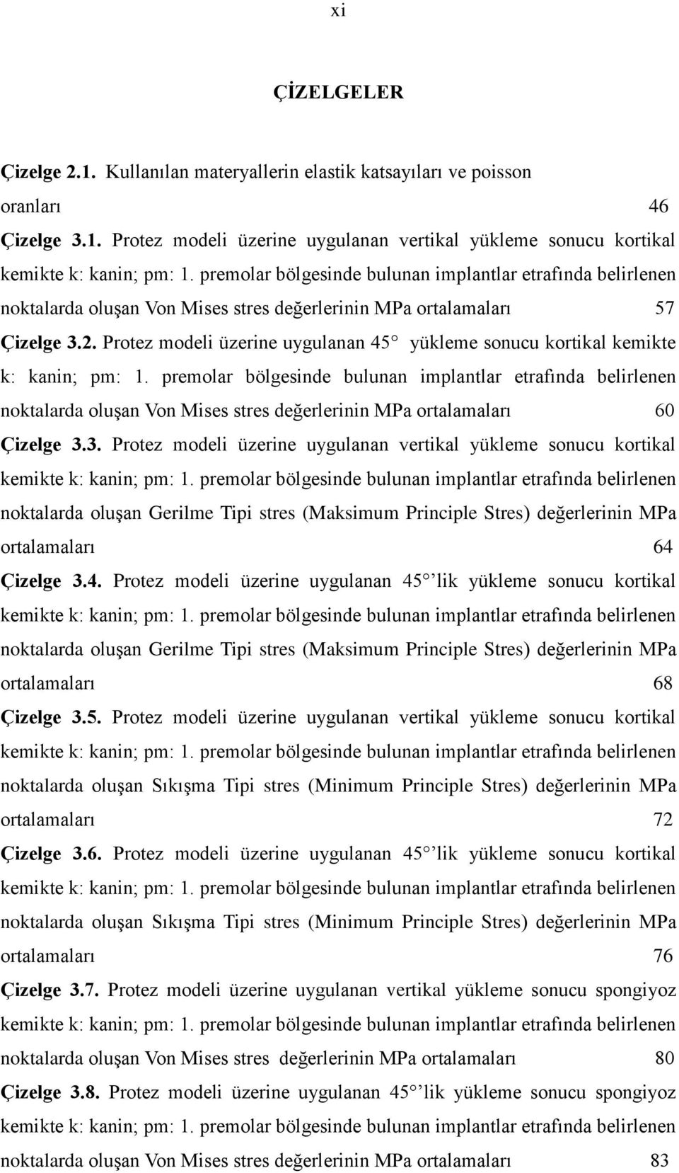 Protez modeli üzerine uygulanan 45 yükleme sonucu kortikal kemikte k: kanin; pm: 1.