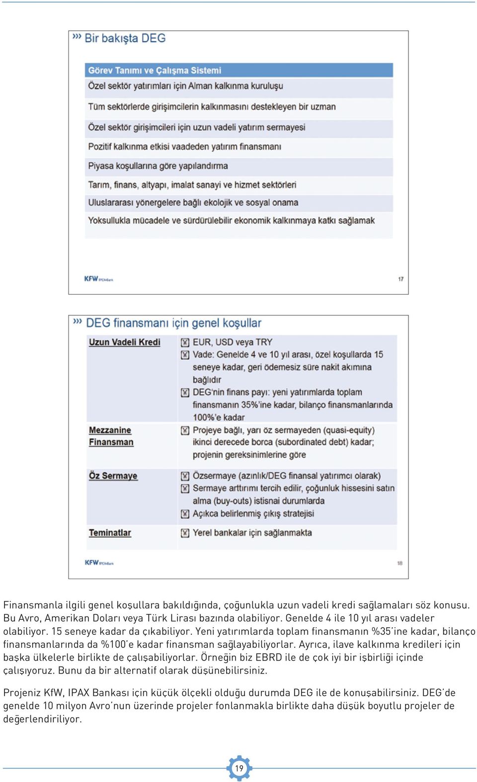 Yeni yatırımlarda toplam finansmanın %35 ine kadar, bilanço finansmanlarında da %100 e kadar finansman sağlayabiliyorlar.