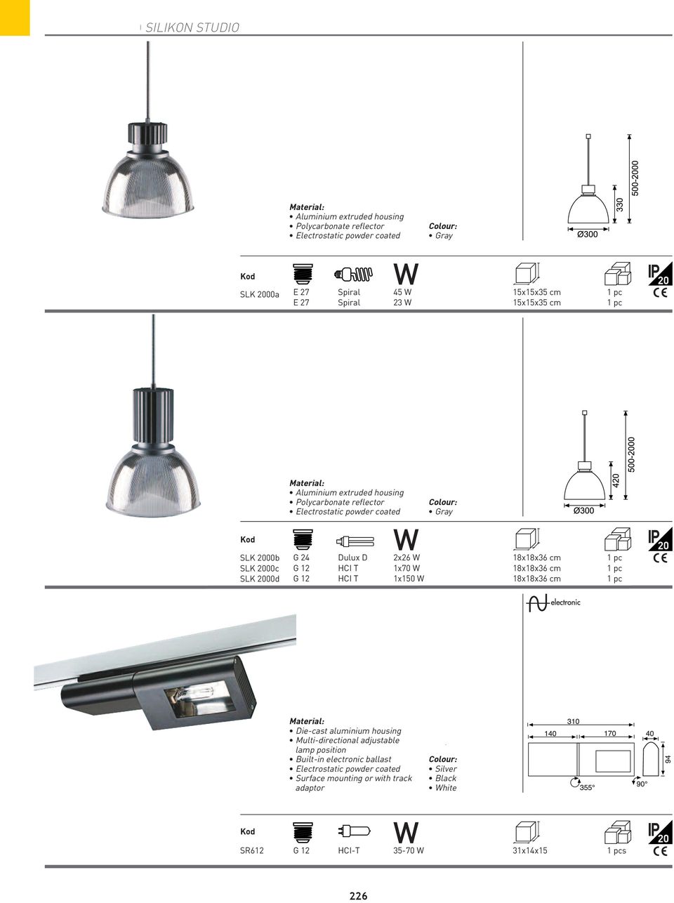 G 12 HCI T 1x150 18x18x36 cm 1 pc Alüminyum enjeksiyon gövde Çok yönlü hareketli ampul Sıva üstü veya ray soketli Die-cast aluminium housing