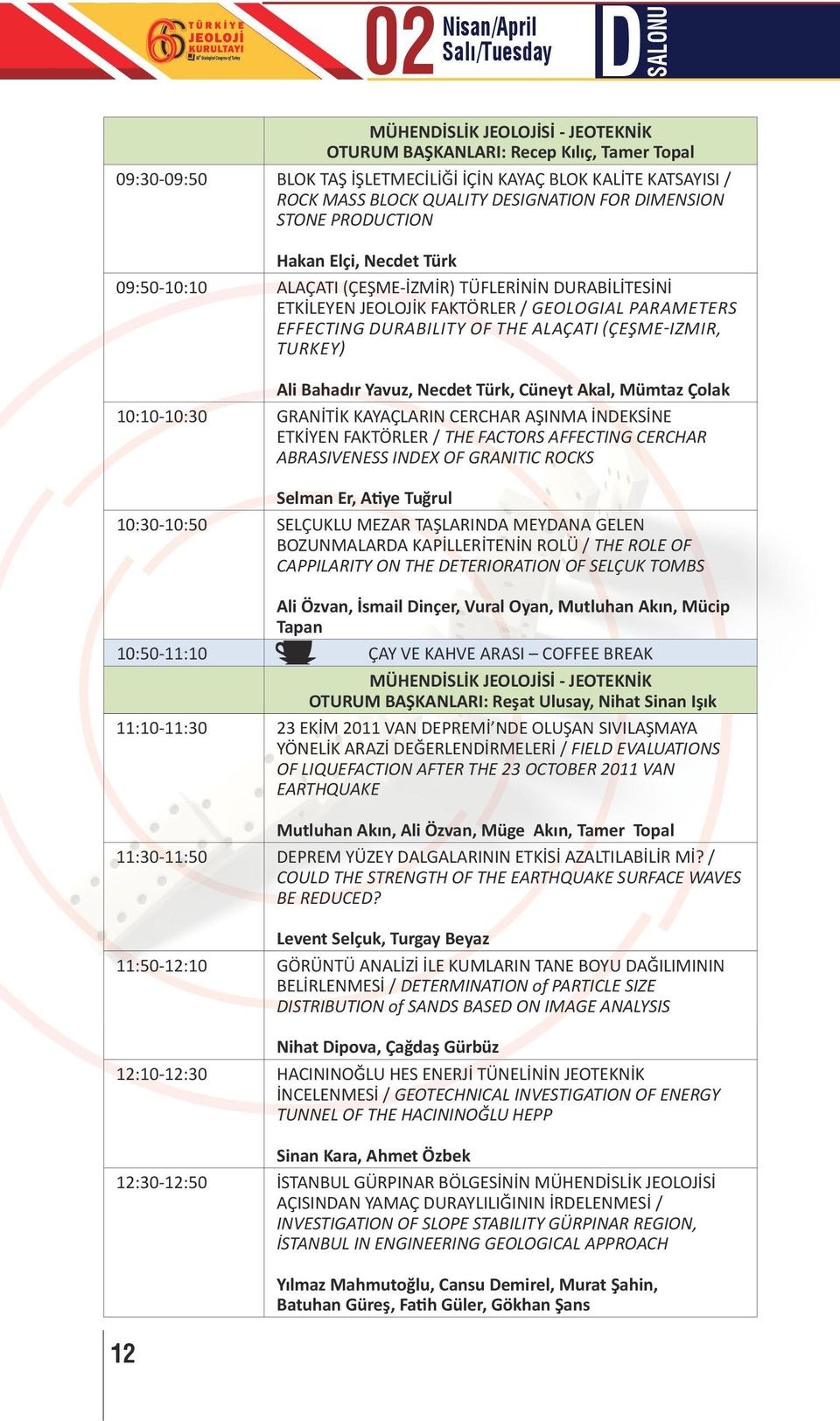 durability of the alaçatı (çeşme-izmir, turkey) Ali Bahadır Yavuz, Necdet Türk, Cüneyt Akal, Mümtaz Çolak 10:10-10:30 GRANİTİK KAYAÇLARIN CERCHAR AŞINMA İNDEKSİNE ETKİYEN FAKTÖRLER / THE FACTORS