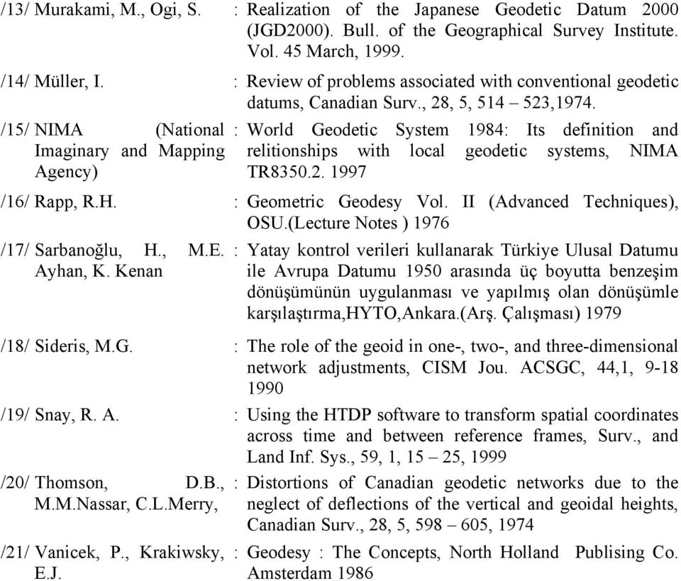 /15/ NIMA (National Imaginary and Mapping Agency) : World Geodetic System 1984: Its definition and relitionships with local geodetic systems, NIMA TR8350.2. 1997 /16/ Rapp, R.H.