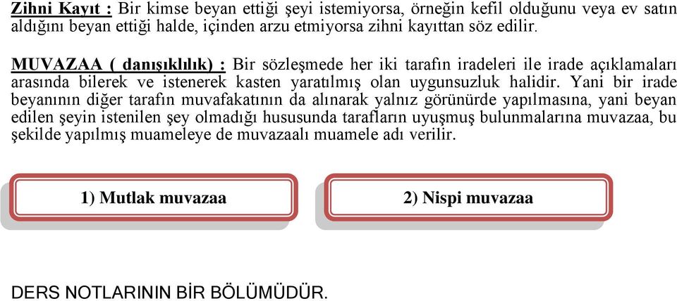 MUVAZAA ( danışıklılık) : Bir sözleşmede her iki tarafın iradeleri ile irade açıklamaları arasında bilerek ve istenerek kasten yaratılmış olan uygunsuzluk halidir.