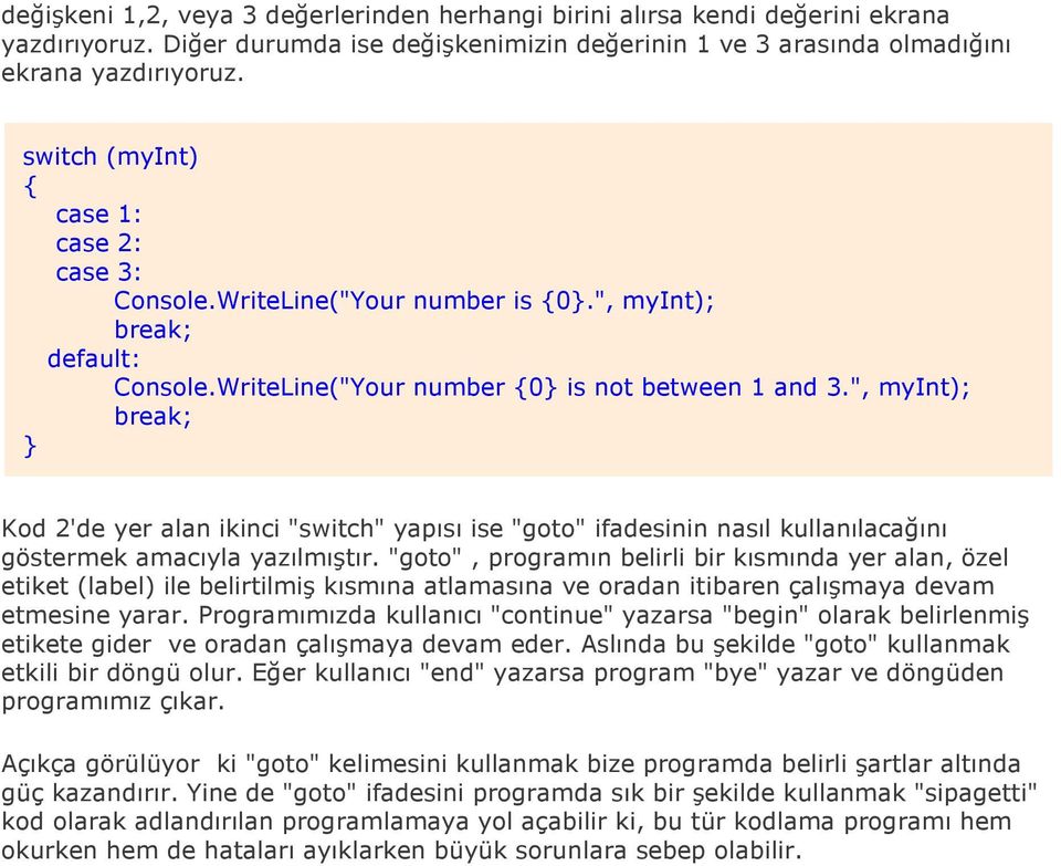 ", myint); break; Kod 2'de yer alan ikinci "switch" yapısı ise "goto" ifadesinin nasıl kullanılacağını göstermek amacıyla yazılmıştır.