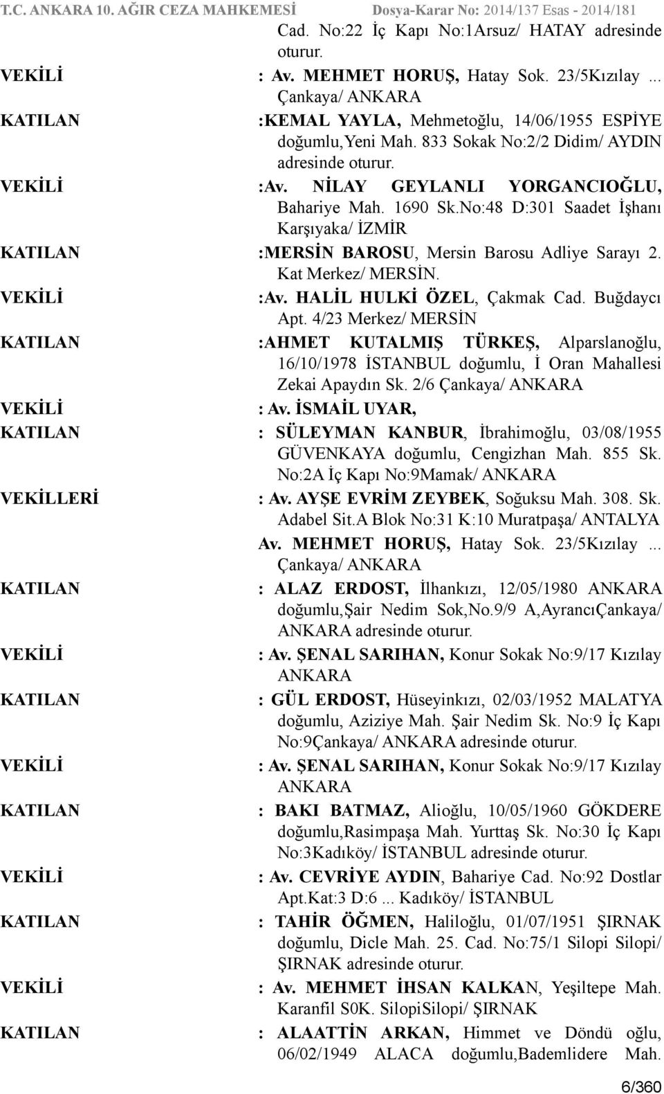 No:48 D:301 Saadet İşhanı Karşıyaka/ İZMİR KATILAN :MERSİN BAROSU, Mersin Barosu Adliye Sarayı 2. Kat Merkez/ MERSİN. VEKİLİ :Av. HALİL HULKİ ÖZEL, Çakmak Cad. Buğdaycı Apt.