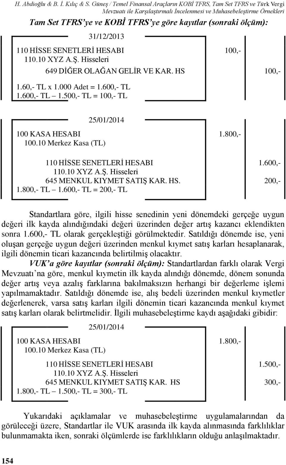 ölçüm): 31/12/2013 110 HİSSE SENETLERİ HESABI 110.10 XYZ A.Ş. Hisseleri 100,- 649 DİĞER OLAĞAN GELİR VE KAR. HS 100,- 1.60,- TL x 1.000 Adet = 1.600,- TL 1.