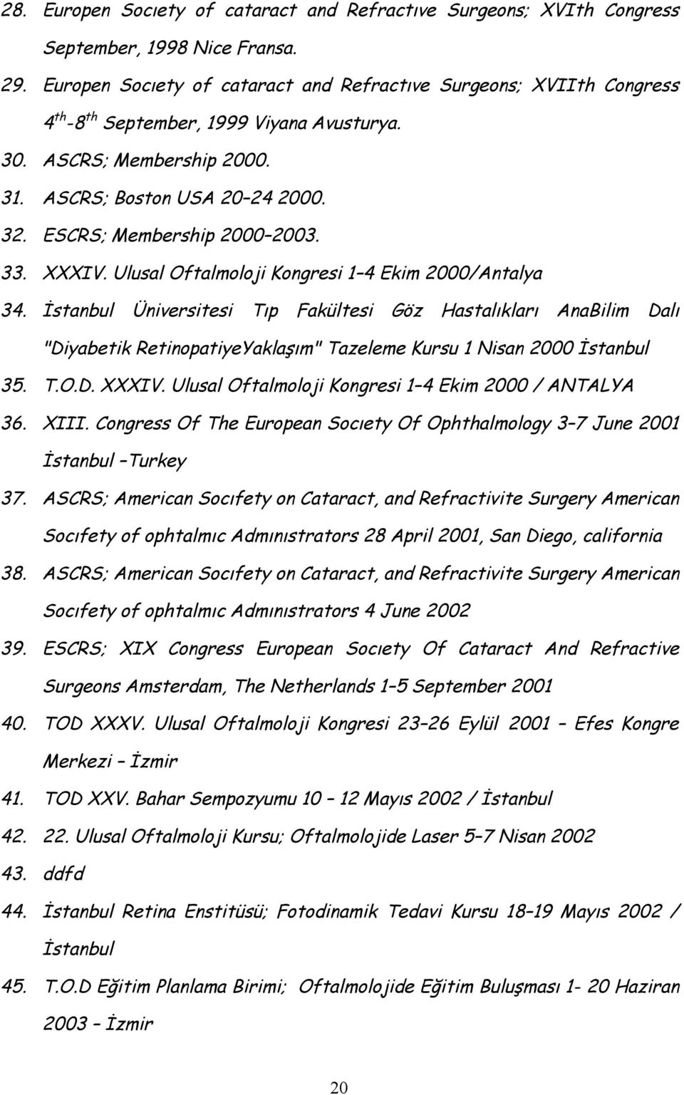 ESCRS; Membership 2000 2003. 33. XXXIV. Ulusal Oftalmoloji Kongresi 1 4 Ekim 2000/Antalya 34.