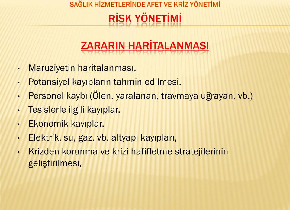 vb.) Tesislerle ilgili kayıplar, Ekonomik kayıplar, Elektrik, su, gaz, vb.