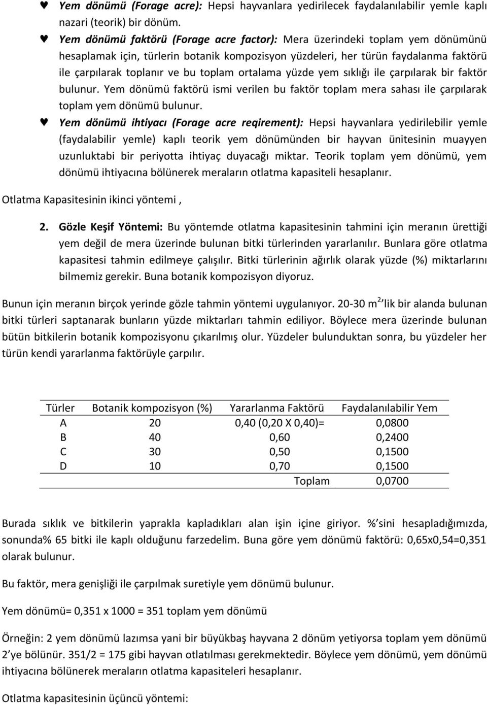 ortalama yüzde yem sıklığı ile çarpılarak bir faktör bulunur. Yem dönümü faktörü ismi verilen bu faktör toplam mera sahası ile çarpılarak toplam yem dönümü bulunur.