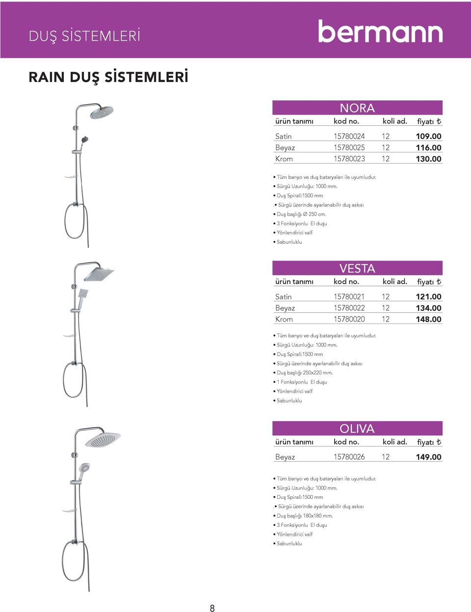 00 Tüm banyo ve duş bataryaları ile uyumludur. Sürgü Uzunluğu: 000 mm. Duş Spirali:500 mm Sürgü üzerinde ayarlanabilir duş askısı Duş başlığı 250x2 mm.