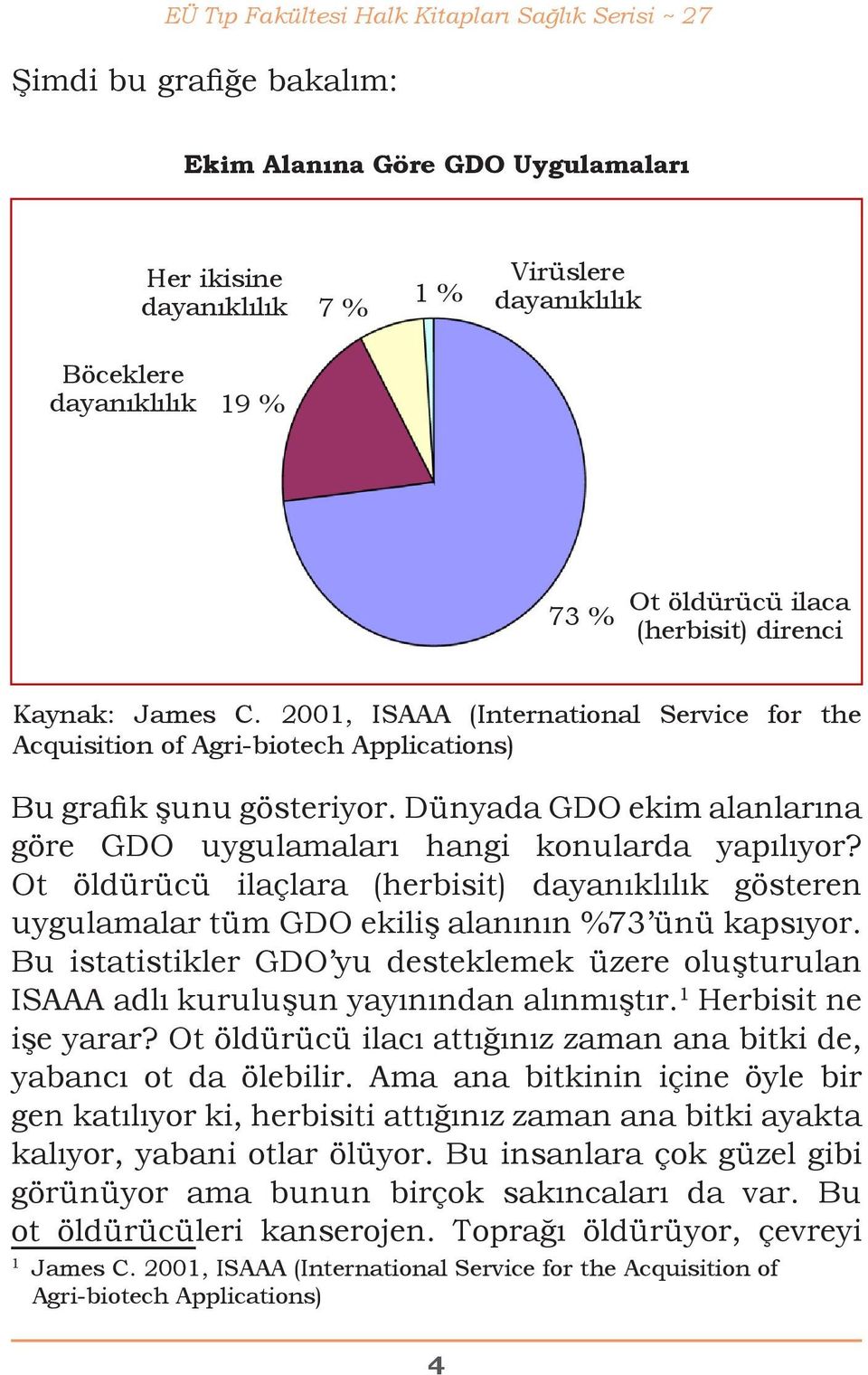 Dünyada GDO ekim alanlarına göre GDO uygulamaları hangi konularda yapılıyor? Ot öldürücü ilaçlara (herbisit) dayanıklılık gösteren uygulamalar tüm GDO ekiliş alanının %73 ünü kapsıyor.