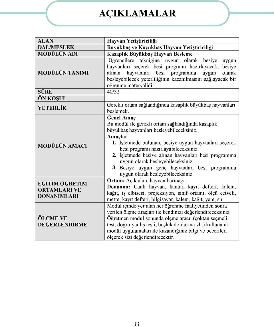 SÜRE 40/32 ÖN KOŞUL YETERLİK Gerekli ortam sağlandığında kasaplık büyükbaş hayvanları beslemek. Genel Amaç Bu modül ile gerekli ortam sağlandığında kasaplık büyükbaş hayvanları besleyebileceksiniz.