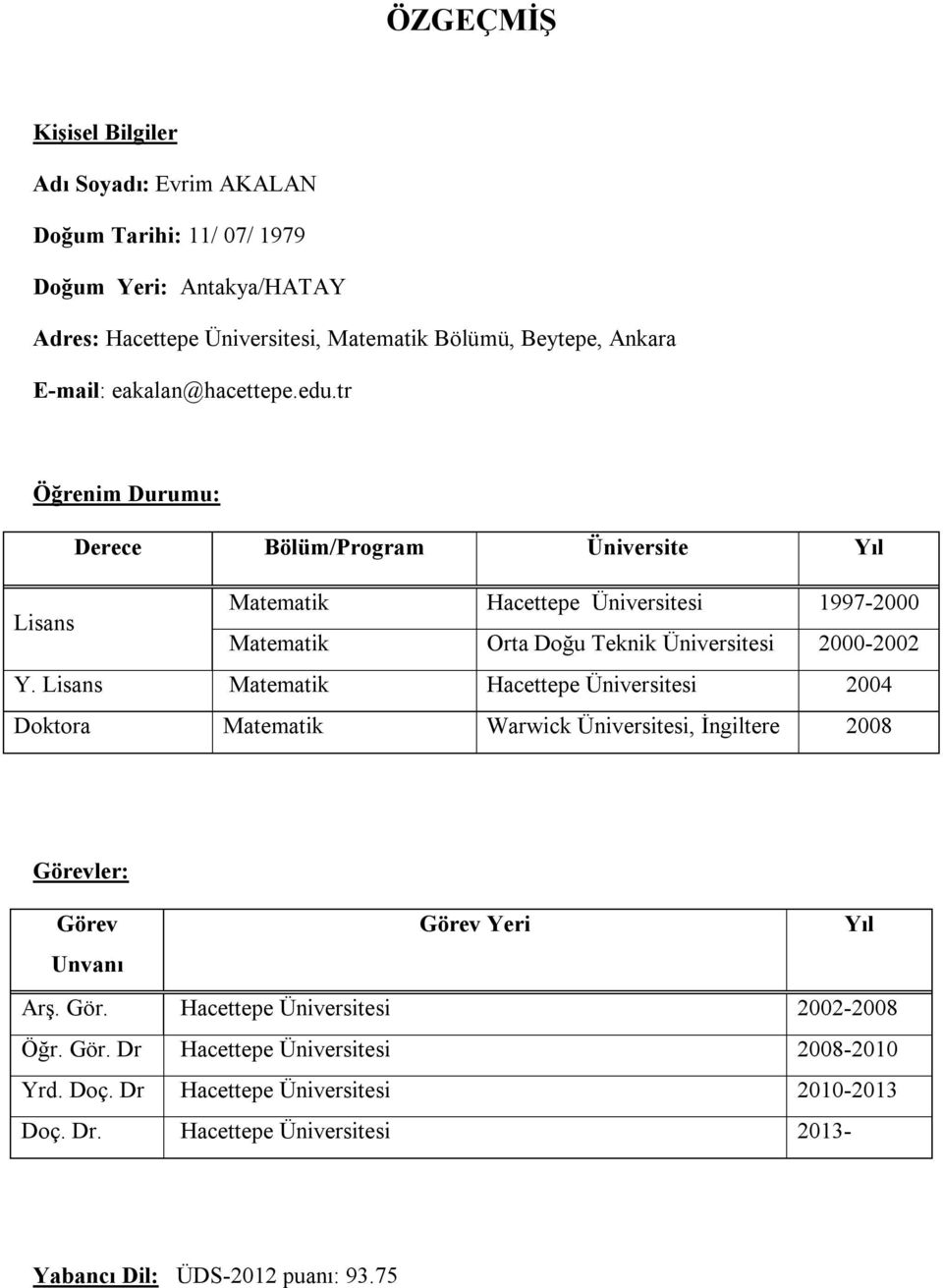 tr Öğrenim Durumu: Derece Bölüm/Program Üniversite Yıl Lisans Matematik Hacettepe Üniversitesi 1997-2000 Matematik Orta Doğu Teknik Üniversitesi 2000-2002 Y.