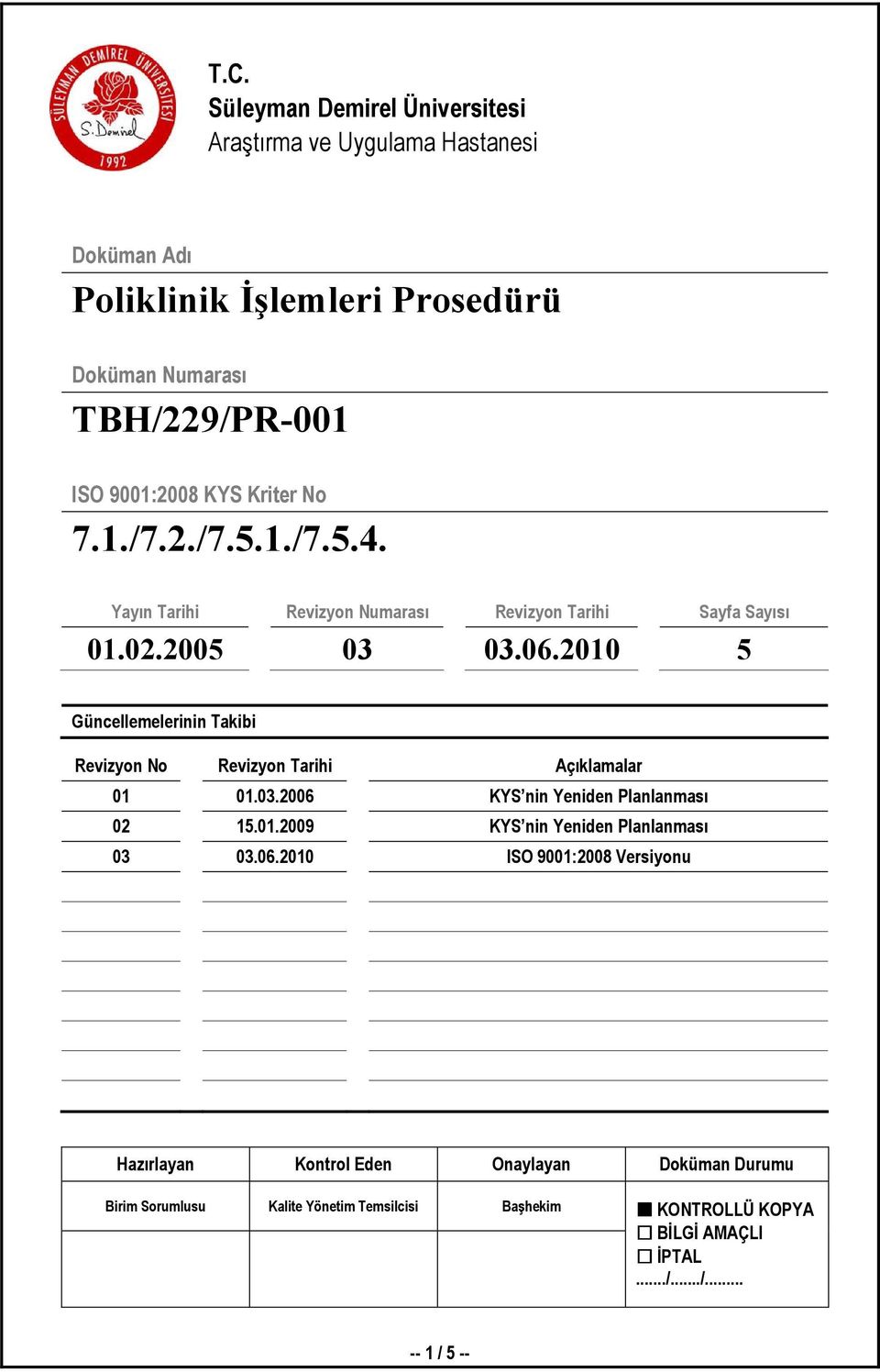 2010 5 Güncellemelerinin Takibi Revizyon No Revizyon Tarihi Açıklamalar 01 01.03.2006 KYS nin Yeniden Planlanması 02 15.01.2009 KYS nin Yeniden Planlanması 03 03.