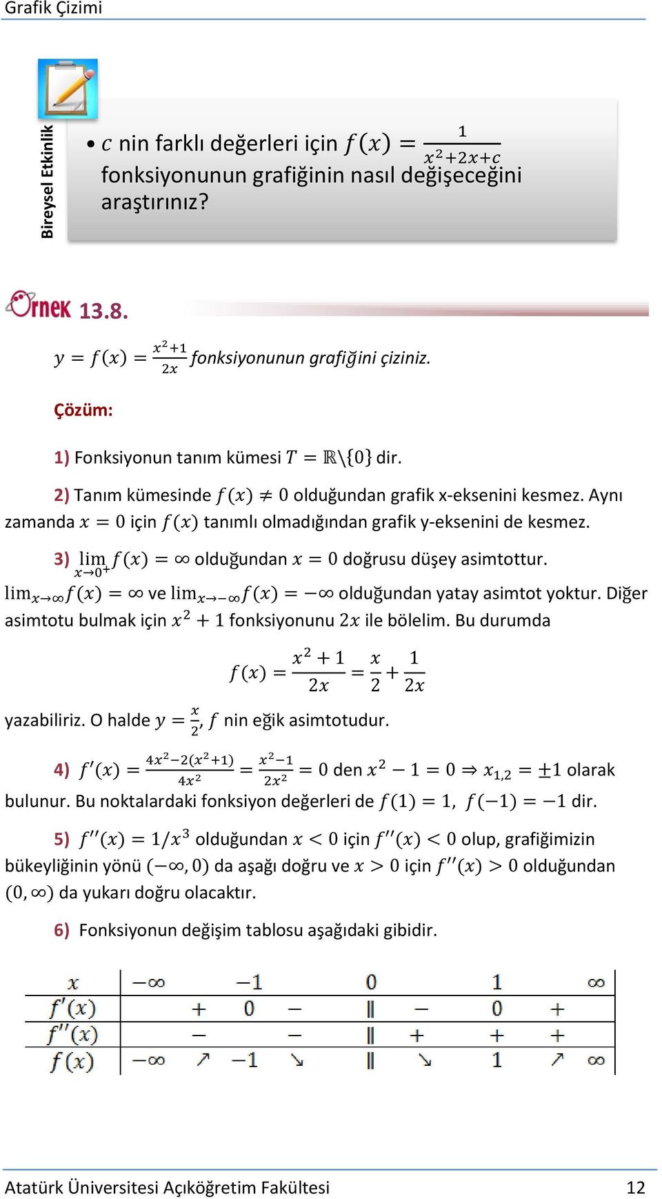 ( ) ve ( ) oldu undan ata asimtot oktur. Di er asimtotu bulmak için fonksionunu ile bölelim. Bu durumda ( ) azabiliriz. O halde, nin e ik asimtotudur. 4) ( ) ( ) den olarak bulunur.