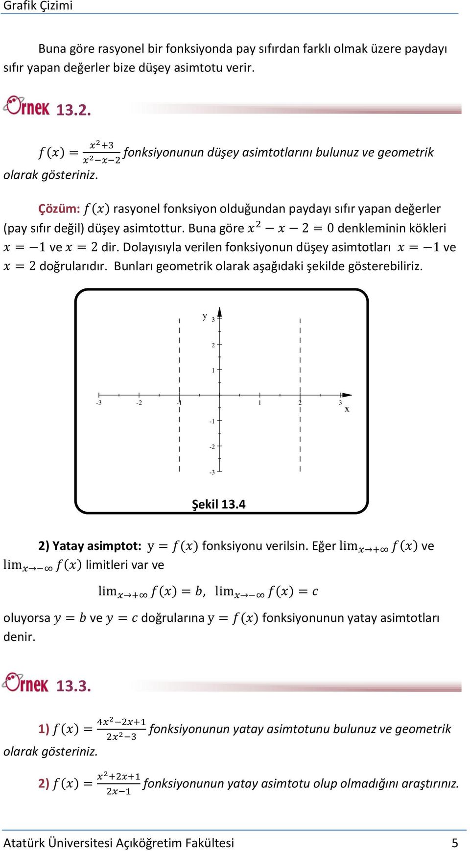 Bunları geometrik olarak aşağıdaki şekilde gösterebiliriz. 3 1-3 - -1 1 3-1 - -3 Şekil 13.4 ) Yata asimptot: ( ) fonksionu verilsin.