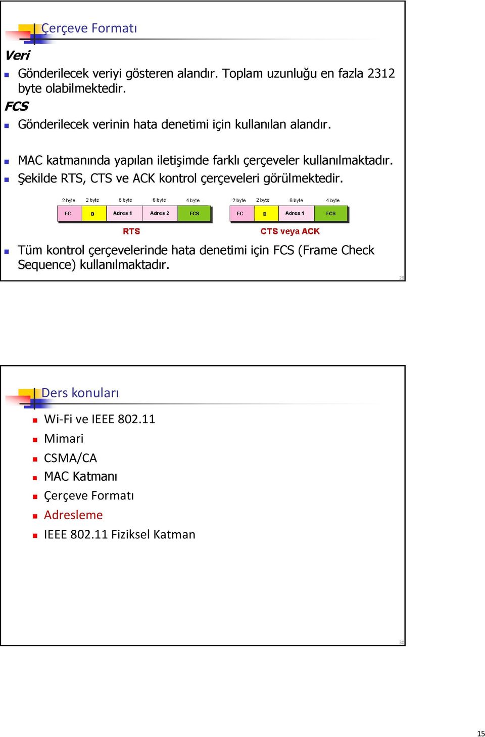 MAC katmanında yapılan iletişimde farklı çerçeveler kullanılmaktadır. Şekilde RTS, CTS ve ACK kontrol çerçeveleri görülmektedir.