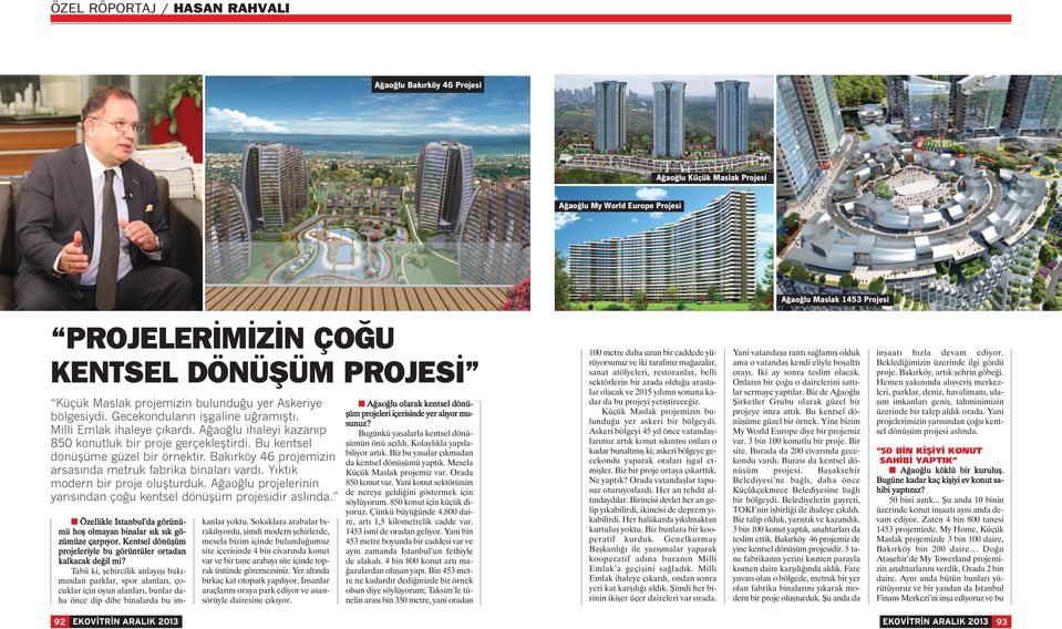Bakırköy 46 projemizin arsasında metruk fabrika binaları vardı. Yıktık modern bir proje oluşturduk. Ağaoğlu projelerinin yarısından çoğu kentsel dönüşüm projesidir aslında.