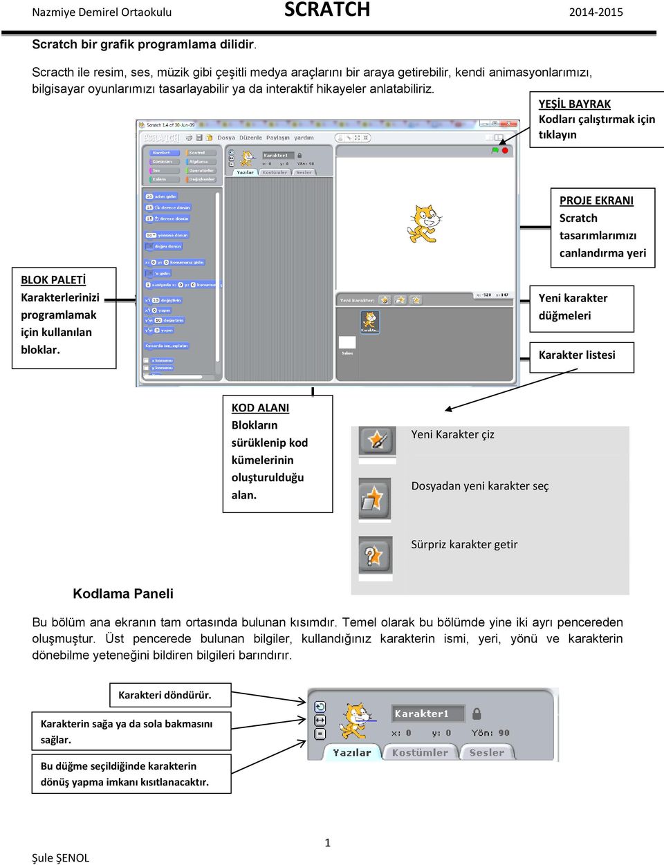 YEŞİL BAYRAK Kodları çalıştırmak için tıklayın PROJE EKRANI Scratch tasarımlarımızı canlandırma yeri BLOK PALETİ Karakterlerinizi programlamak için kullanılan bloklar.