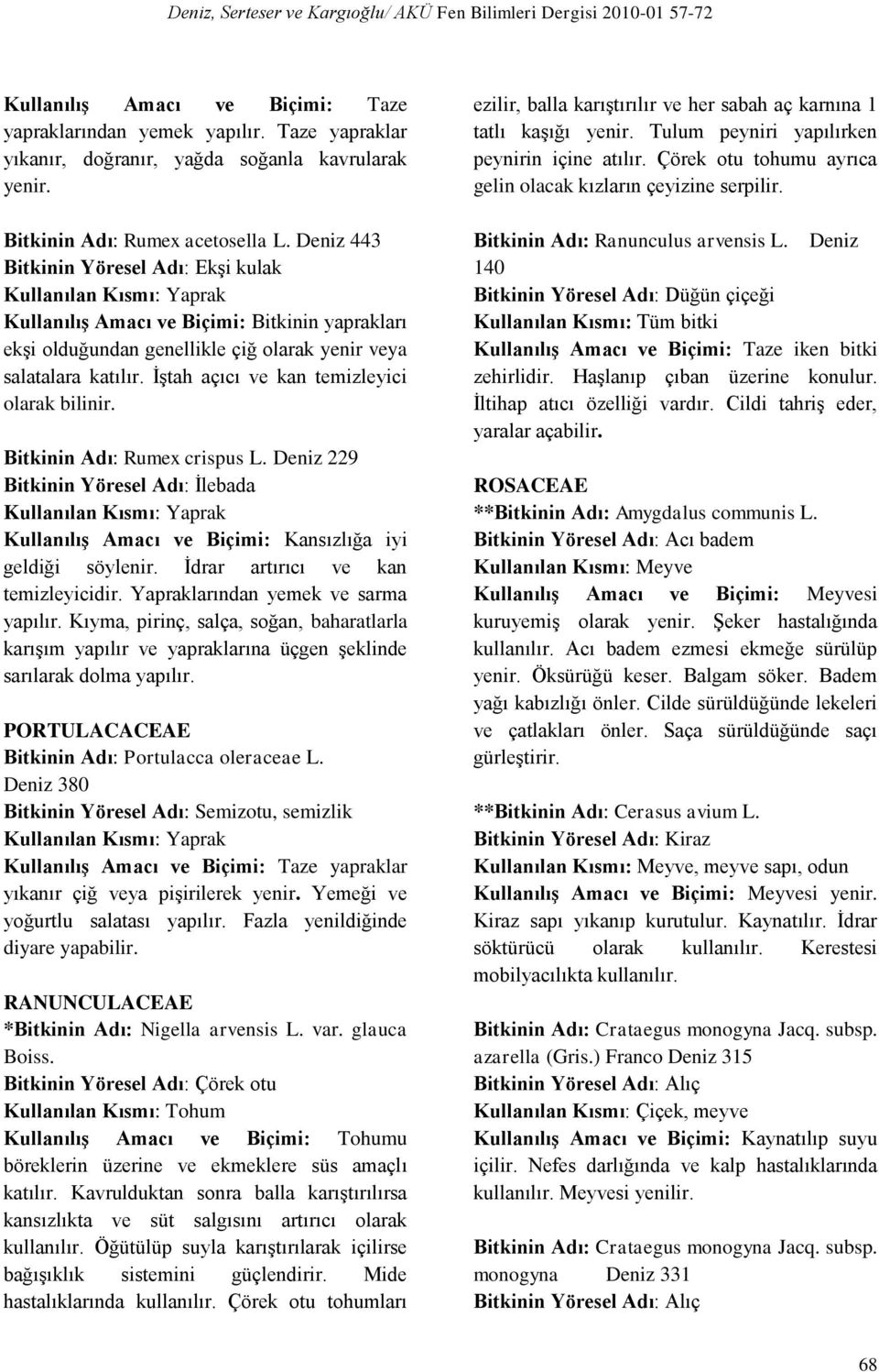 İştah açıcı ve kan temizleyici olarak bilinir. Bitkinin Adı: Rumex crispus L. Deniz 229 Bitkinin Yöresel Adı: İlebada Kullanılış Amacı ve Biçimi: Kansızlığa iyi geldiği söylenir.