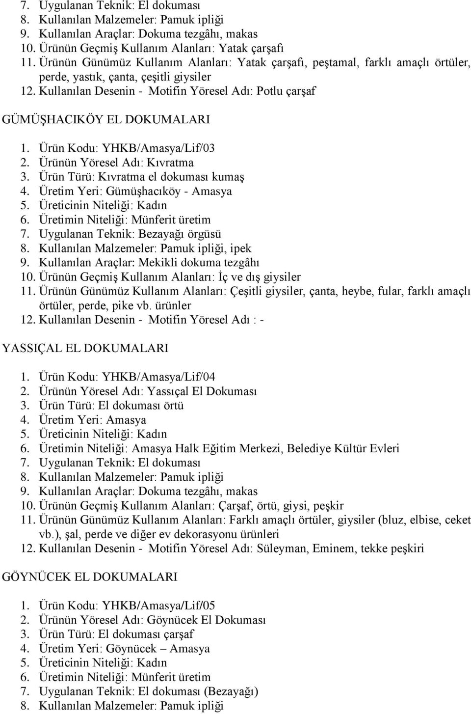 Kullanılan Desenin - Motifin Yöresel Adı: Potlu çarģaf GÜMÜġHACIKÖY EL DOKUMALARI 1. Ürün Kodu: YHKB/Amasya/Lif/03 2. Ürünün Yöresel Adı: Kıvratma 3. Ürün Türü: Kıvratma el dokuması kumaģ 4.