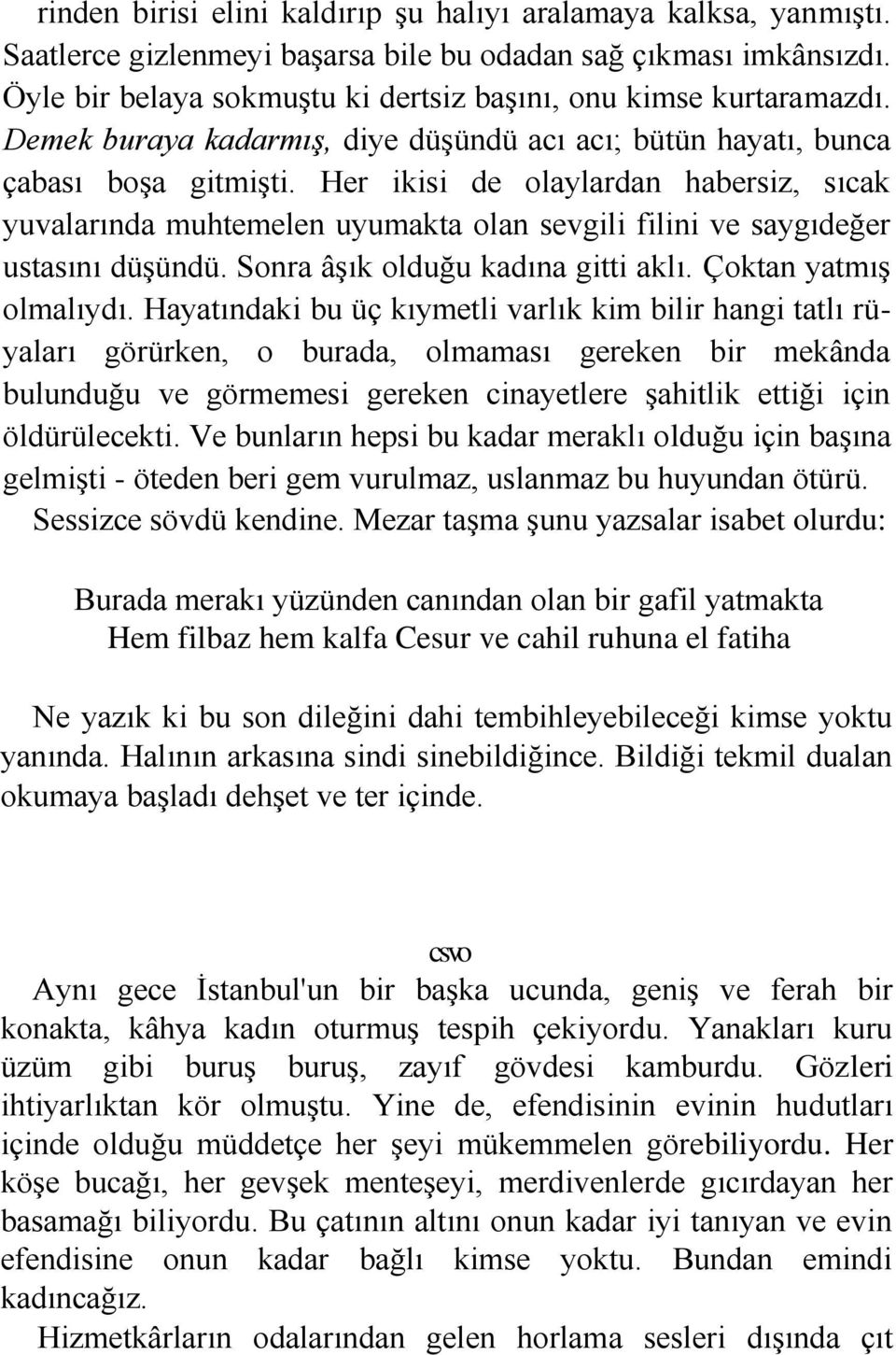 Her ikisi de olaylardan habersiz, sıcak yuvalarında muhtemelen uyumakta olan sevgili filini ve saygıdeğer ustasını düşündü. Sonra âşık olduğu kadına gitti aklı. Çoktan yatmış olmalıydı.