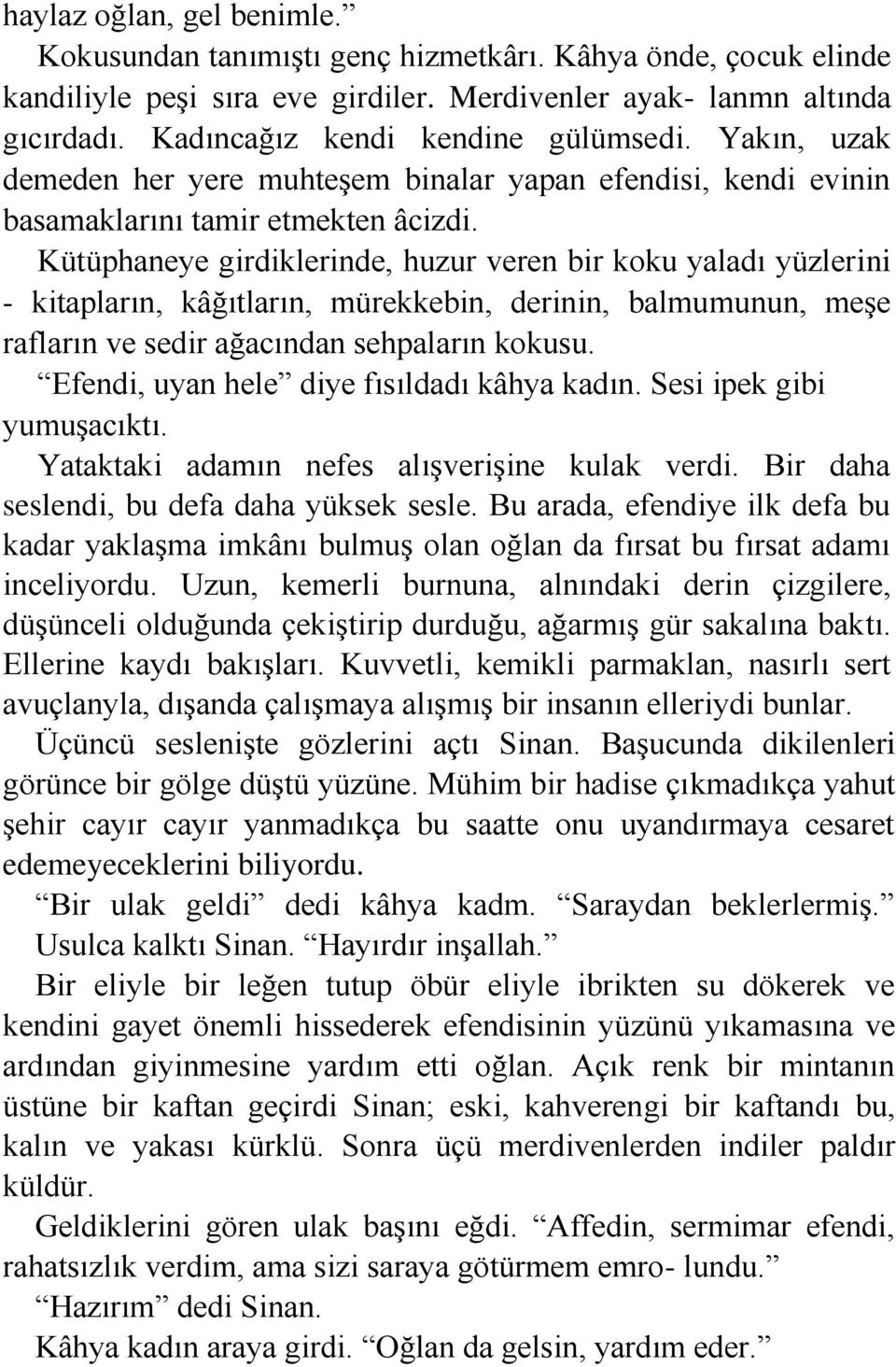 Kütüphaneye girdiklerinde, huzur veren bir koku yaladı yüzlerini - kitapların, kâğıtların, mürekkebin, derinin, balmumunun, meşe rafların ve sedir ağacından sehpaların kokusu.