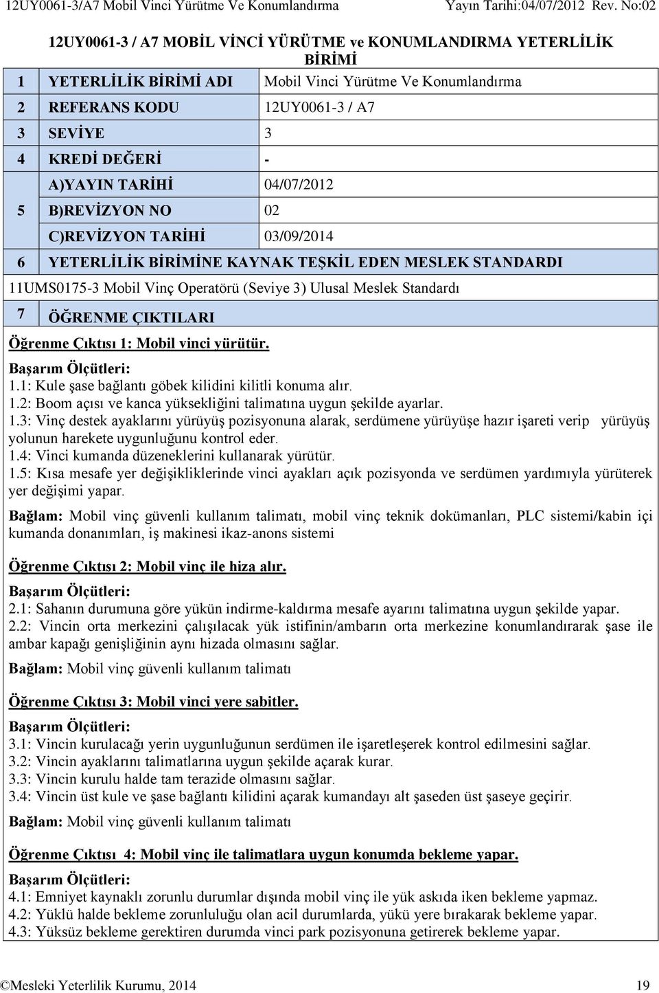 Operatörü (Seviye 3) Ulusal Meslek Standardı 7 ÖĞRENME ÇIKTILARI Öğrenme Çıktısı 1: Mobil vinci yürütür. 1.1: Kule şase bağlantı göbek kilidini kilitli konuma alır. 1.2: Boom açısı ve kanca yüksekliğini talimatına uygun şekilde ayarlar.