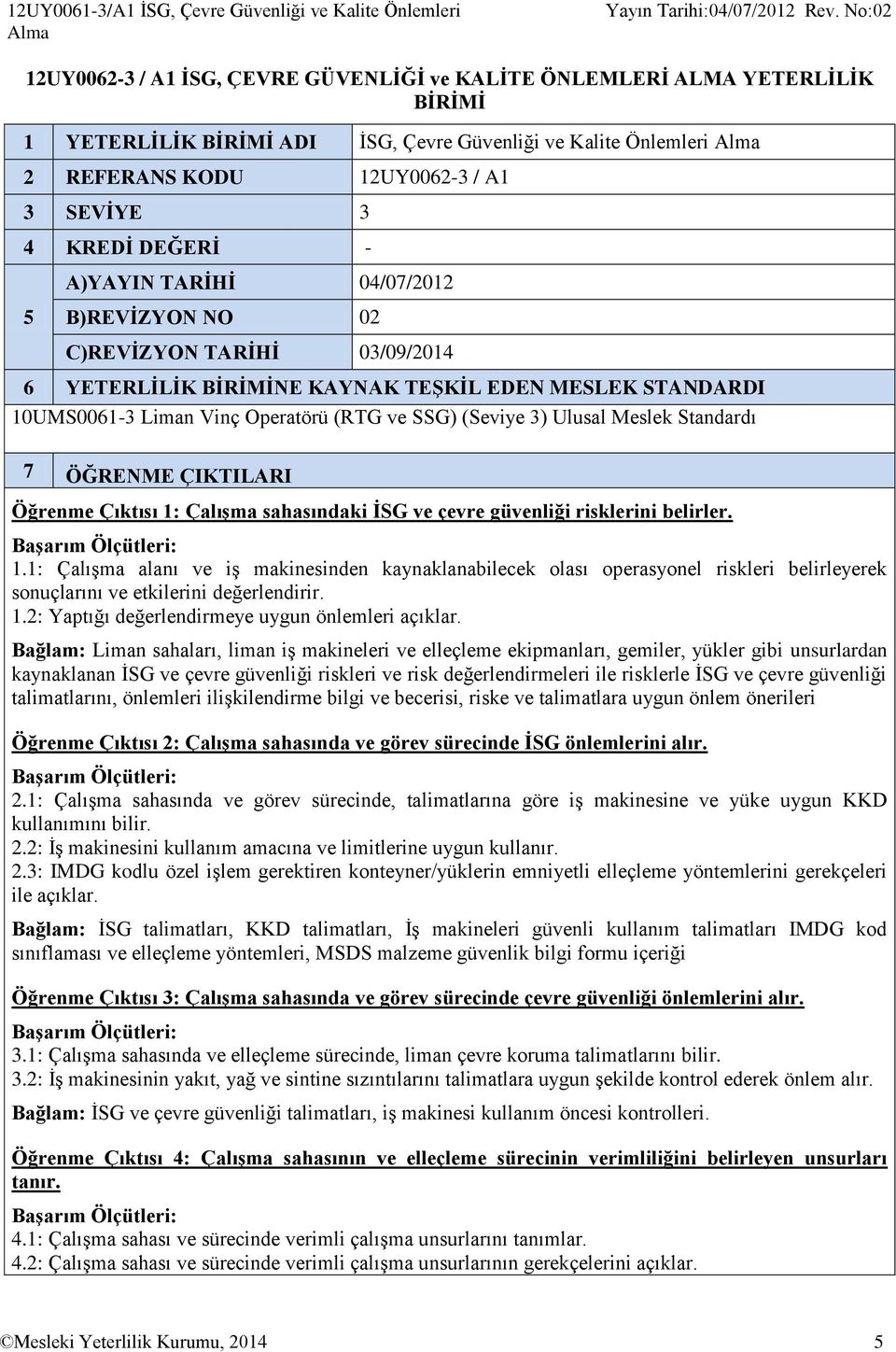 STANDARDI 10UMS0061-3 Liman Vinç Operatörü (RTG ve SSG) (Seviye 3) Ulusal Meslek Standardı 7 ÖĞRENME ÇIKTILARI Öğrenme Çıktısı 1: Çalışma sahasındaki İSG ve çevre güvenliği risklerini belirler. 1.1: Çalışma alanı ve iş makinesinden kaynaklanabilecek olası operasyonel riskleri belirleyerek sonuçlarını ve etkilerini değerlendirir.