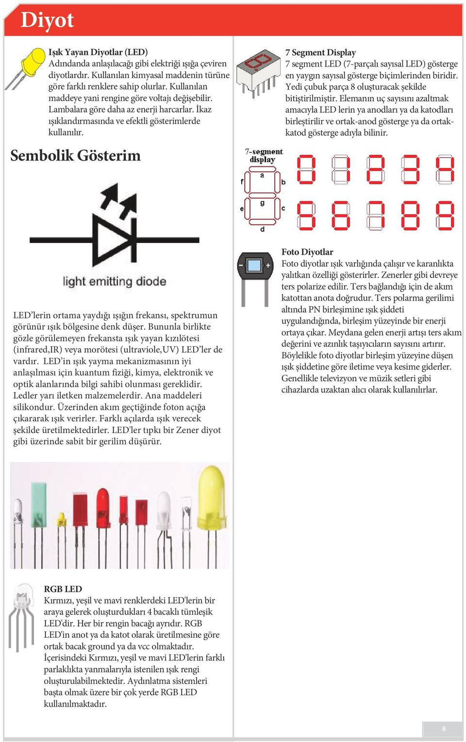 Sembolik Gösterim 7 Segment Display 7 segment LED (7-parçalı sayısal LED) gösterge en yaygın sayısal gösterge biçimlerinden biridir. Yedi çubuk parça 8 oluşturacak şekilde bitiştirilmiştir.