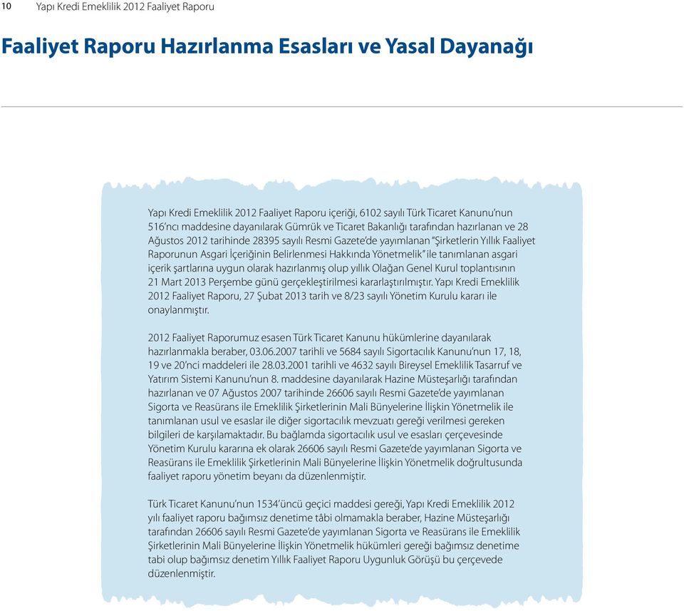 Belirlenmesi Hakkında Yönetmelik ile tanımlanan asgari içerik şartlarına uygun olarak hazırlanmış olup yıllık Olağan Genel Kurul toplantısının 21 Mart 2013 Perşembe günü gerçekleştirilmesi