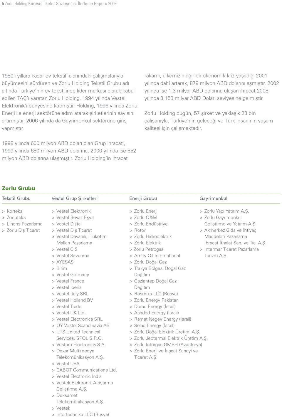 Holding, 1996 yılında Zorlu Enerji ile enerji sektörüne adım atarak şirketlerinin sayısını artırmıştır. 2006 yılında da Gayrimenkul sektörüne giriş yapmıştır.