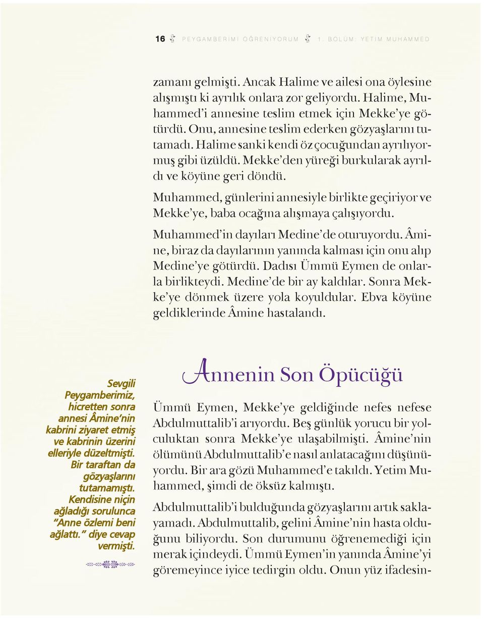 Mekke den yüre i burkularak ayr ld ve köyüne geri döndü. Muhammed, günlerini annesiyle birlikte geçiriyor ve Mekke ye, baba oca na al flmaya çal fl yordu. Muhammed in day lar Medine de oturuyordu.