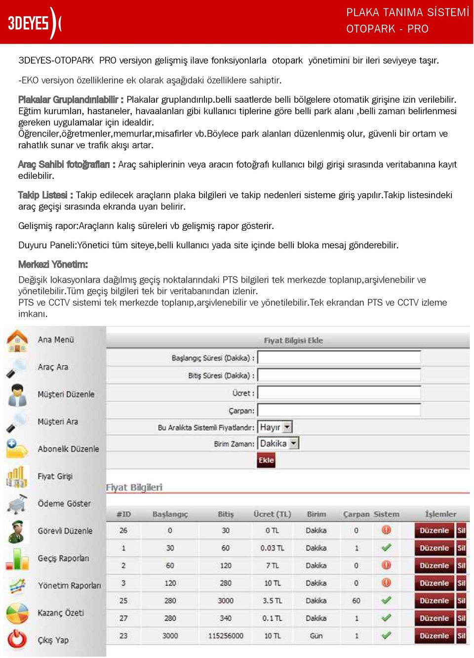 Eðtim kurumlarý, hastaneler, havaalanlarý gibi kullanýcý tiplerine göre belli park alaný,belli zaman belirlenmesi gereken uygulamalar için idealdir. Öðrenciler,öðretmenler,memurlar,misafirler vb.