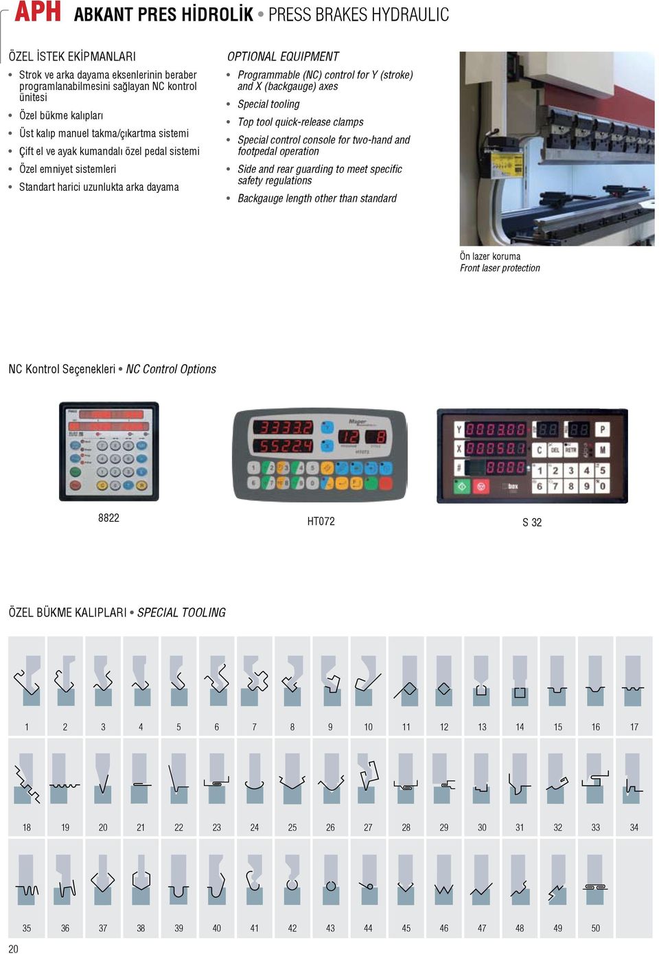 (backgauge) axes Special tooling Top tool quick-release clamps Special control console for two-hand and footpedal operation Side and rear guarding to meet specific safety regulations Backgauge length