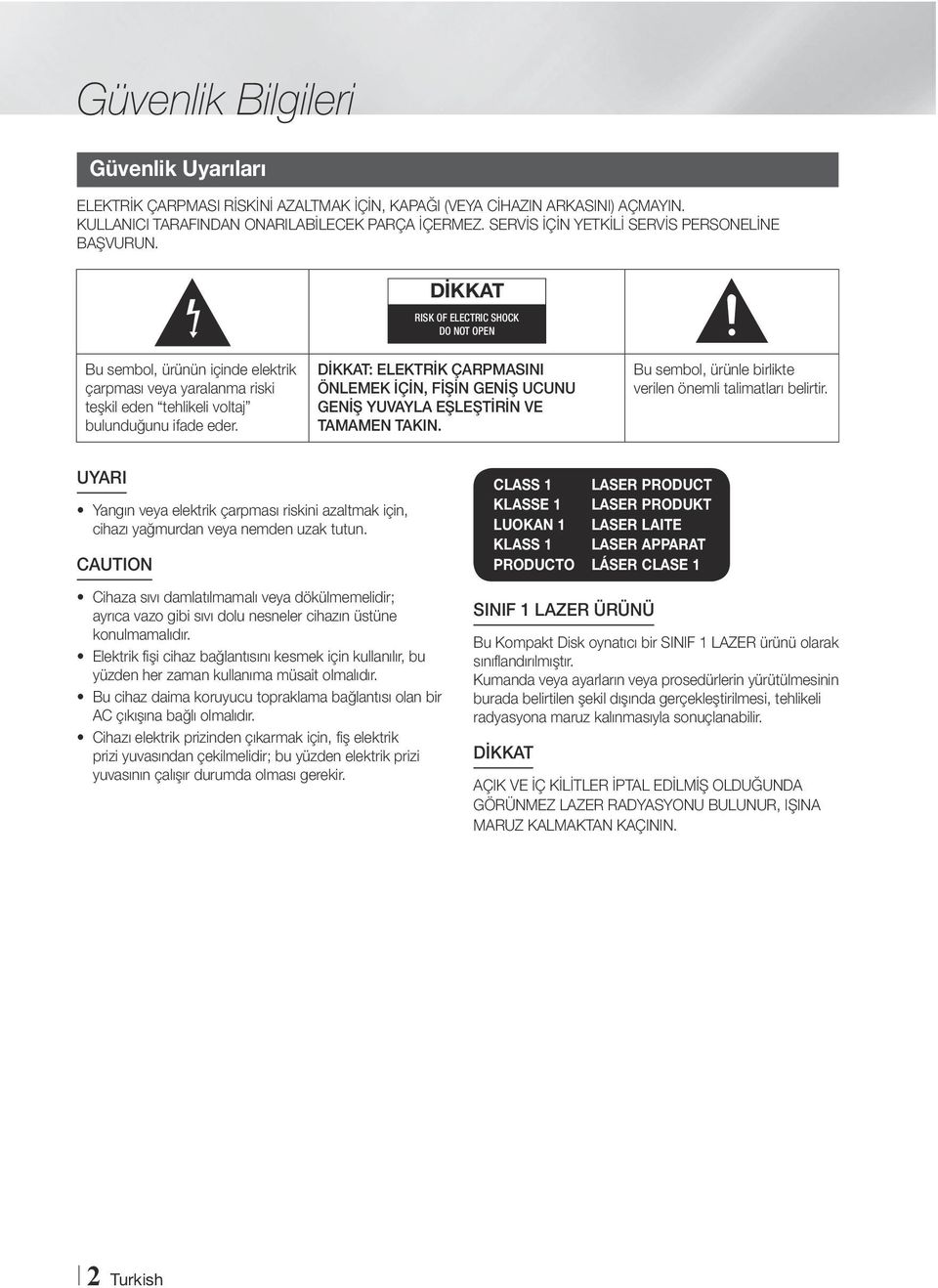 DİKKAT RISK OF ELECTRIC SHOCK DO NOT OPEN Bu sembol, ürünün içinde elektrik çarpması veya yaralanma riski teşkil eden tehlikeli voltaj bulunduğunu ifade eder.