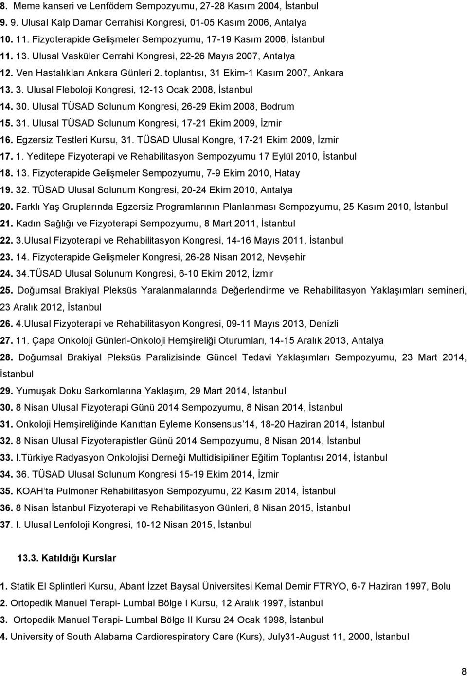 toplantısı, 31 Ekim-1 Kasım 2007, Ankara 13. 3. Ulusal Fleboloji Kongresi, 12-13 Ocak 2008, İstanbul 14. 30. Ulusal TÜSAD Solunum Kongresi, 26-29 Ekim 2008, Bodrum 15. 31. Ulusal TÜSAD Solunum Kongresi, 17-21 Ekim 2009, İzmir 16.